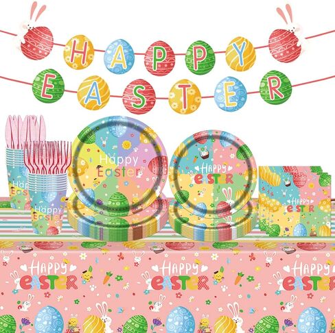 98PCS Easter Party Supplies Happy Easter Paper Plates and Napkins Colorful Easter Bunny Egg Tableware Set Spring Easter Party Decorations Easter Holiday Party Disposable Dinnerware Set for 16 Guests in Kuwait