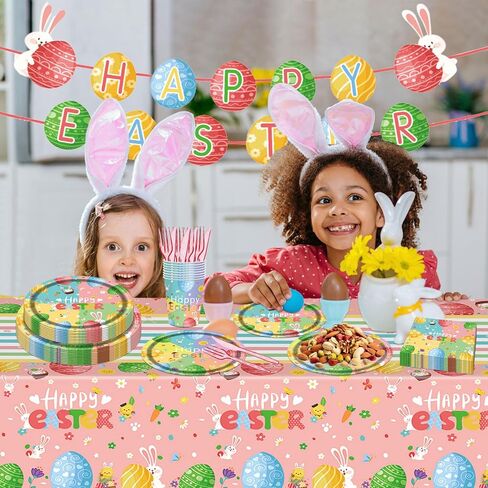 98PCS Easter Party Supplies Happy Easter Paper Plates and Napkins Colorful Easter Bunny Egg Tableware Set Spring Easter Party Decorations Easter Holiday Party Disposable Dinnerware Set for 16 Guests in Kuwait