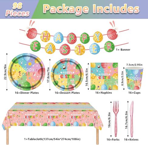 98PCS Easter Party Supplies Happy Easter Paper Plates and Napkins Colorful Easter Bunny Egg Tableware Set Spring Easter Party Decorations Easter Holiday Party Disposable Dinnerware Set for 16 Guests in Kuwait