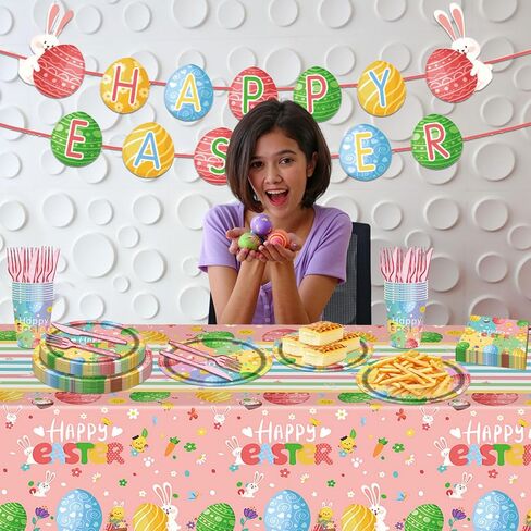98PCS Easter Party Supplies Happy Easter Paper Plates and Napkins Colorful Easter Bunny Egg Tableware Set Spring Easter Party Decorations Easter Holiday Party Disposable Dinnerware Set for 16 Guests in Kuwait