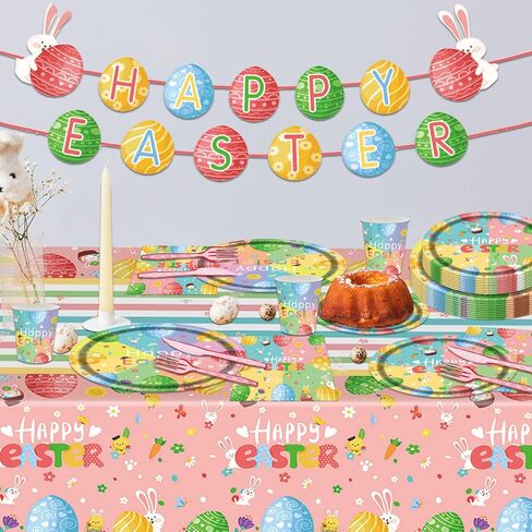 98PCS Easter Party Supplies Happy Easter Paper Plates and Napkins Colorful Easter Bunny Egg Tableware Set Spring Easter Party Decorations Easter Holiday Party Disposable Dinnerware Set for 16 Guests in Kuwait