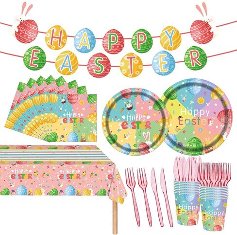 98PCS Easter Party Supplies Happy Easter Paper Plates and Napkins Colorful Easter Bunny Egg Tableware Set Spring Easter Party Decorations Easter Holiday Party Disposable Dinnerware Set for 16 Guests in Kuwait