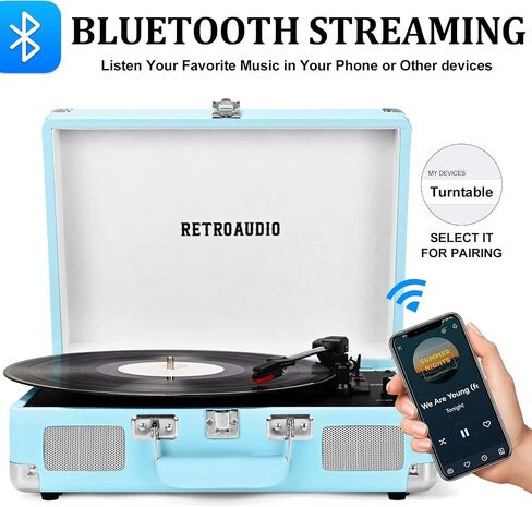 Vinyl Record Player 3-Speed Bluetooth Portable Suitcase Belt-Driven Record Player with 2 Built-in Stereo Speakers Vinyl Vintage Turntable Phonograph Records Player with RCA Line Out, AUX Out in Kuwait