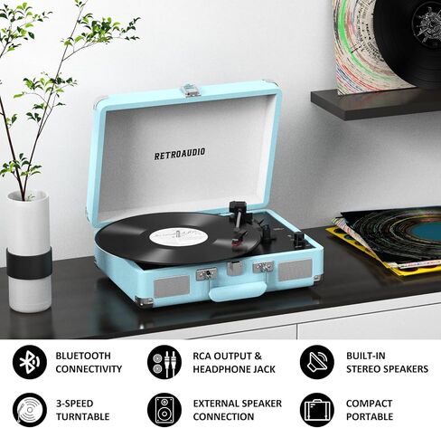 Vinyl Record Player 3-Speed Bluetooth Portable Suitcase Belt-Driven Record Player with 2 Built-in Stereo Speakers Vinyl Vintage Turntable Phonograph Records Player with RCA Line Out, AUX Out in Kuwait
