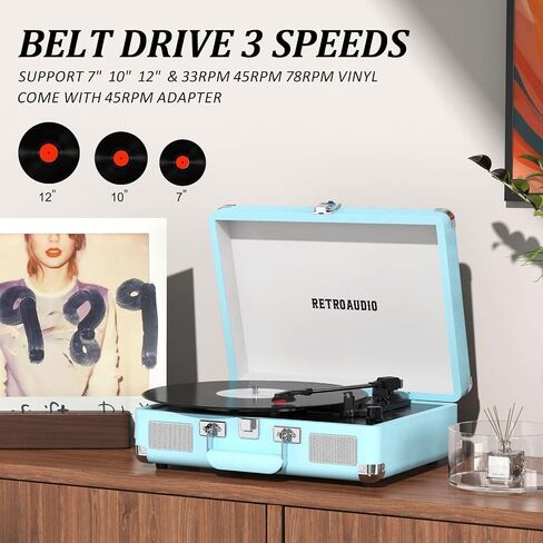 Vinyl Record Player 3-Speed Bluetooth Portable Suitcase Belt-Driven Record Player with 2 Built-in Stereo Speakers Vinyl Vintage Turntable Phonograph Records Player with RCA Line Out, AUX Out in Kuwait