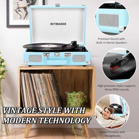 Vinyl Record Player 3-Speed Bluetooth Portable Suitcase Belt-Driven Record Player with 2 Built-in Stereo Speakers Vinyl Vintage Turntable Phonograph Records Player with RCA Line Out, AUX Out in Kuwait