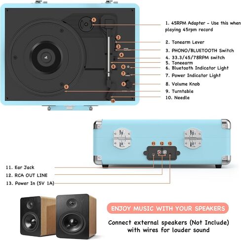 Vinyl Record Player 3-Speed Bluetooth Portable Suitcase Belt-Driven Record Player with 2 Built-in Stereo Speakers Vinyl Vintage Turntable Phonograph Records Player with RCA Line Out, AUX Out in Kuwait