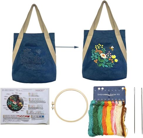VWV-Whizzing Embroidery Canvas Tote Bag DIY Kit for Beginners, Complete with Pattern, Hoops, Color Threads, Tools & Detailed Instructions for Adults (15X16.5(in) Blue) in Saudi Arabia