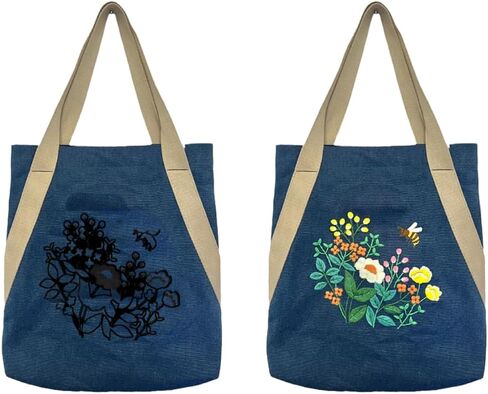 VWV-Whizzing Embroidery Canvas Tote Bag DIY Kit for Beginners, Complete with Pattern, Hoops, Color Threads, Tools & Detailed Instructions for Adults (15X16.5(in) Blue) in Saudi Arabia