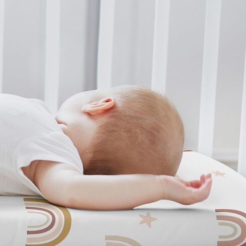 ملاءة سرير أطفال صغيرة جاهزة بتصميم بوهو رينبو جيرل من سويت جوجو ديزاينز - طقم سرير أطفال محمول- أحمر خدود وردي غامق وذهبي وأصفر وأرجواني ورمادي داكن وبيج ونجوم بوهيمية شمس سماوي عتيق in Kuwait