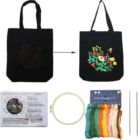 VWV-Whizzing Embroidery Canvas Tote Bag DIY Kit for Beginners, Complete with Pattern, Hoops, Color Threads, Tools & Detailed Instructions for Adults (15X16.5(in) Blue) in Saudi Arabia