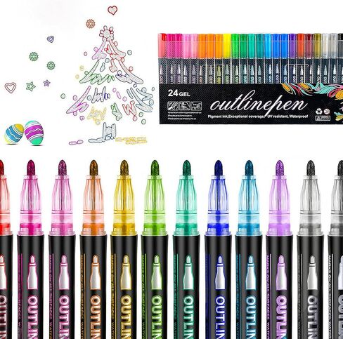 LOKIPA Shimmer Markers Outline Double Line, 24 Colors Metallic Pens Set Outline Markers for kids ages 8-12 Shimmer Glitter Pens Set for Birthday Greeting, DIY Art Crafts, Scrap Booking in Saudi Arabia