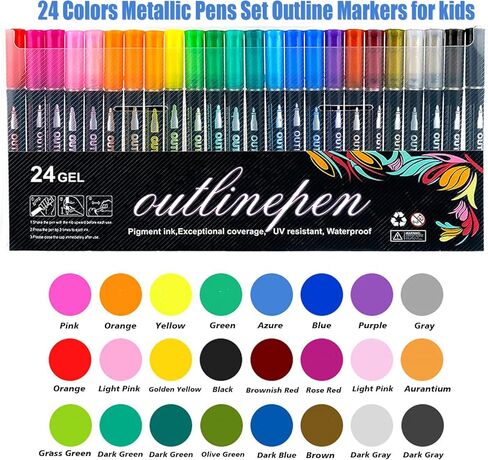 LOKIPA Shimmer Markers Outline Double Line, 24 Colors Metallic Pens Set Outline Markers for kids ages 8-12 Shimmer Glitter Pens Set for Birthday Greeting, DIY Art Crafts, Scrap Booking in Saudi Arabia