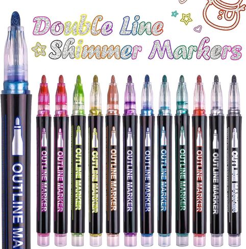 LOKIPA Shimmer Markers Outline Double Line, 24 Colors Metallic Pens Set Outline Markers for kids ages 8-12 Shimmer Glitter Pens Set for Birthday Greeting, DIY Art Crafts, Scrap Booking in Saudi Arabia