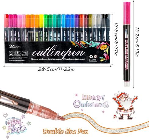 LOKIPA Shimmer Markers Outline Double Line, 24 Colors Metallic Pens Set Outline Markers for kids ages 8-12 Shimmer Glitter Pens Set for Birthday Greeting, DIY Art Crafts, Scrap Booking in Saudi Arabia