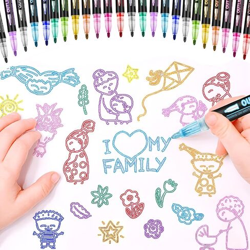 LOKIPA Shimmer Markers Outline Double Line, 24 Colors Metallic Pens Set Outline Markers for kids ages 8-12 Shimmer Glitter Pens Set for Birthday Greeting, DIY Art Crafts, Scrap Booking in Saudi Arabia