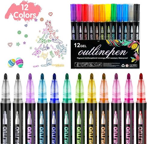 LOKIPA Shimmer Markers Outline Double Line, 24 Colors Metallic Pens Set Outline Markers for kids ages 8-12 Shimmer Glitter Pens Set for Birthday Greeting, DIY Art Crafts, Scrap Booking in Saudi Arabia