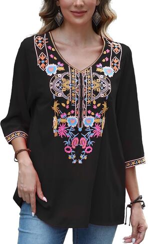 Higustar Women's Boho Embroidered Tops Mexican Peasant Shirt Traditional Bohemian 3/4 Sleeve Clothes Tunic Blouse in Kuwait