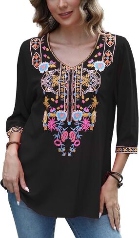 Higustar Women's Boho Embroidered Tops Mexican Peasant Shirt Traditional Bohemian 3/4 Sleeve Clothes Tunic Blouse in Kuwait