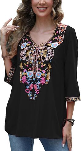Higustar Women's Boho Embroidered Tops Mexican Peasant Shirt Traditional Bohemian 3/4 Sleeve Clothes Tunic Blouse in Kuwait