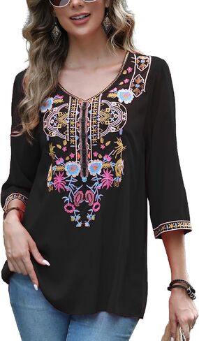Higustar Women's Boho Embroidered Tops Mexican Peasant Shirt Traditional Bohemian 3/4 Sleeve Clothes Tunic Blouse in Kuwait