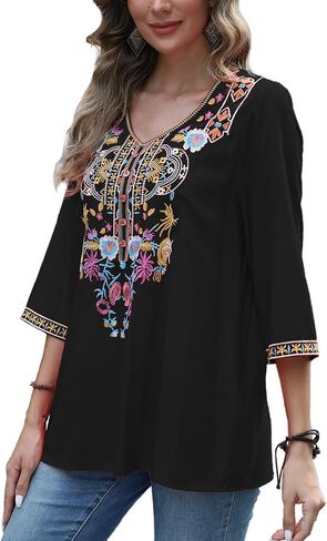 Higustar Women's Boho Embroidered Tops Mexican Peasant Shirt Traditional Bohemian 3/4 Sleeve Clothes Tunic Blouse in Kuwait