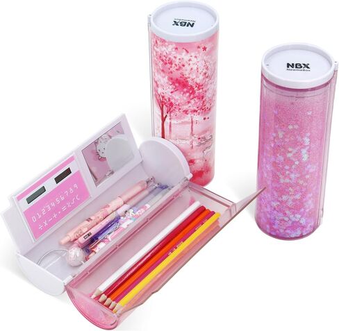 Multifunctional Pencil Case with Quicksand, Calculator, Mirror, Clear Pen Box Pouch, Cute Desk Organizer, Standing cylinder Shape for Girls, Boys, School Supplies(Sakura forest) in Kuwait