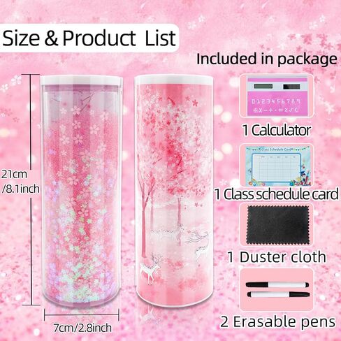 Multifunctional Pencil Case with Quicksand, Calculator, Mirror, Clear Pen Box Pouch, Cute Desk Organizer, Standing cylinder Shape for Girls, Boys, School Supplies(Sakura forest) in Kuwait