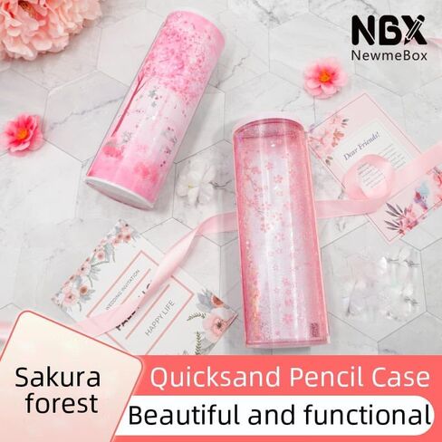 Multifunctional Pencil Case with Quicksand, Calculator, Mirror, Clear Pen Box Pouch, Cute Desk Organizer, Standing cylinder Shape for Girls, Boys, School Supplies(Sakura forest) in Kuwait
