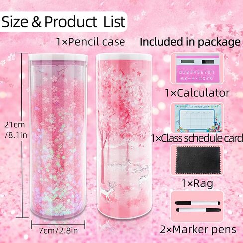 Multifunctional Pencil Case with Quicksand, Calculator, Mirror, Clear Pen Box Pouch, Cute Desk Organizer, Standing cylinder Shape for Girls, Boys, School Supplies(Sakura forest) in Kuwait