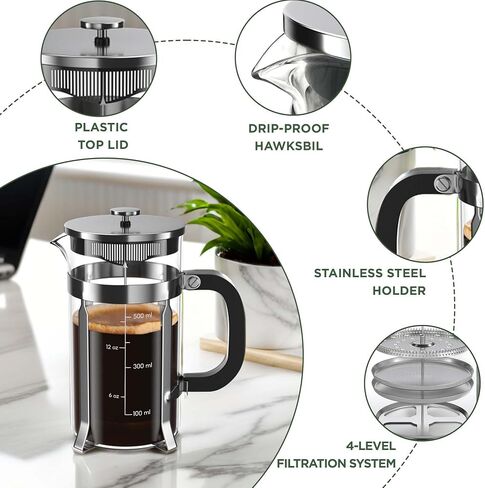 French Press Coffee Maker, 21 Ounce, Stainless Steel, Cold Brew Heat Resistant Borosilicate Glass Espresso Coffee & Tea Maker with 4 Filter in Saudi Arabia