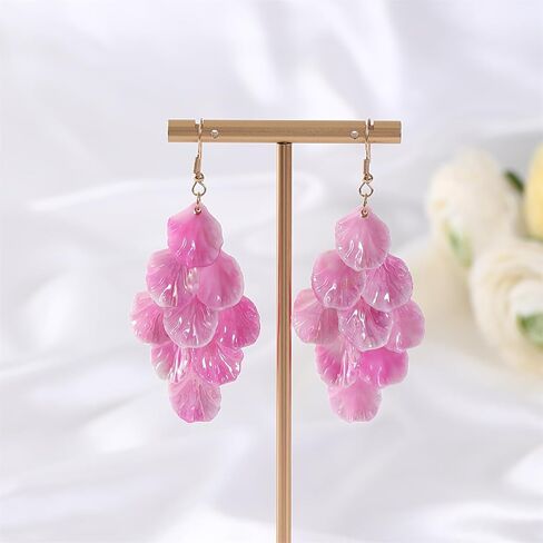 Handmade Bohemian Acrylic Flower Petal Dangle Earrings Chic Charm Layered Floral Petal Drop Earrings Fashion Flower Statement Earrings for Women Girls (Green) in Kuwait