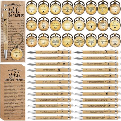 25 Sets 75 Pcs Christian Mothers Day Gift Bulk Bible Verse Pens Emergency Numbers Bookmarks Scripture Keychains for Women Church Baptism Fathers Day Souvenirs(Wood Color) in Kuwait