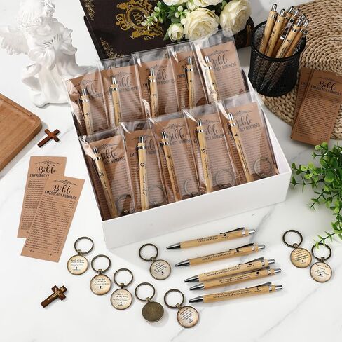 25 Sets 75 Pcs Christian Mothers Day Gift Bulk Bible Verse Pens Emergency Numbers Bookmarks Scripture Keychains for Women Church Baptism Fathers Day Souvenirs(Wood Color) in Kuwait
