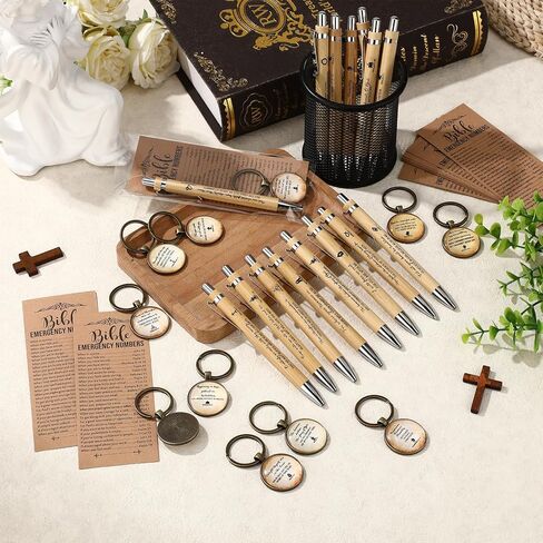 25 Sets 75 Pcs Christian Mothers Day Gift Bulk Bible Verse Pens Emergency Numbers Bookmarks Scripture Keychains for Women Church Baptism Fathers Day Souvenirs(Wood Color) in Kuwait