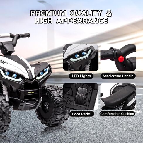 12V Kids Ride On ATV,Battery Powered Electric Four Wheeler with Music, Led Lights, High/Low Speed Modes, USB Port, Treaded Tires, Remote Control, and 3 Speeds for Boys and Girls(White) in Kuwait