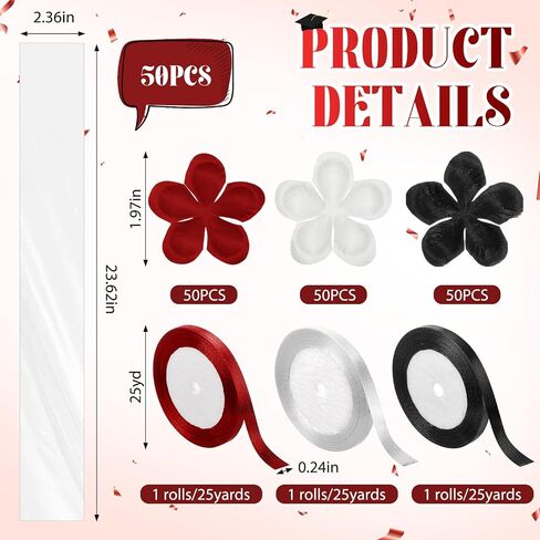 yexiya 50 يضبط التخرج Candy Lei Making Kit 23 Inch Plasty Plastic Cellophane أكياس ، بما في ذلك 150 بتلات ثلاثي الألوان و 3 Rolls Ribbon Carrats Grad Candy Wreath Gift for Party (Burgundy) in Kuwait