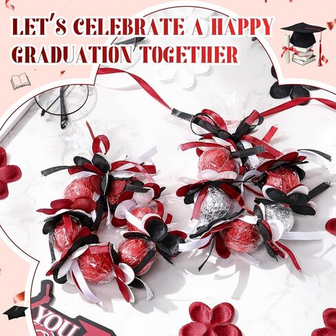 yexiya 50 يضبط التخرج Candy Lei Making Kit 23 Inch Plasty Plastic Cellophane أكياس ، بما في ذلك 150 بتلات ثلاثي الألوان و 3 Rolls Ribbon Carrats Grad Candy Wreath Gift for Party (Burgundy) in Kuwait