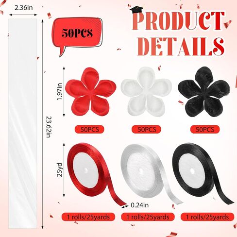 yexiya 50 يضبط التخرج Candy Lei Making Kit 23 Inch Plasty Plastic Cellophane أكياس ، بما في ذلك 150 بتلات ثلاثي الألوان و 3 Rolls Ribbon Carrats Grad Candy Wreath Gift for Party (Burgundy) in Kuwait