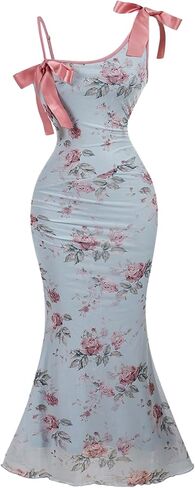 Verdusa Women's Floral Print Bowknot Bodycon Maxi Dress Sleeveless Asymmetric Strap Fishtail Dress in Saudi Arabia