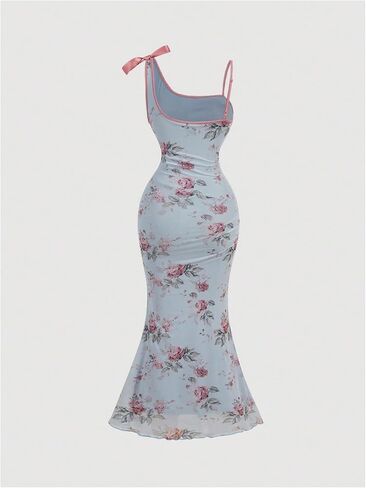 Verdusa Women's Floral Print Bowknot Bodycon Maxi Dress Sleeveless Asymmetric Strap Fishtail Dress in Saudi Arabia