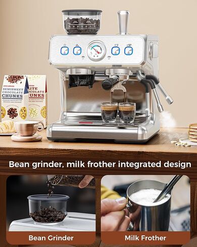 COWSAR Espresso Machine 15 Bar, Semi-Automatic Espresso Maker with Bean Grinder and Milk Frother Steam Wand, 75 Oz Removable Water Tank for Cappuccino, Latte, Stainless Steel in Kuwait