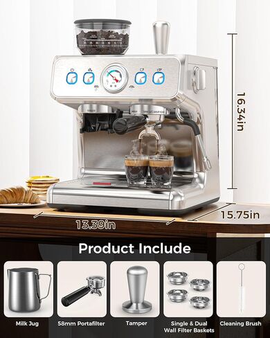 COWSAR Espresso Machine 15 Bar, Semi-Automatic Espresso Maker with Bean Grinder and Milk Frother Steam Wand, 75 Oz Removable Water Tank for Cappuccino, Latte, Stainless Steel in Kuwait