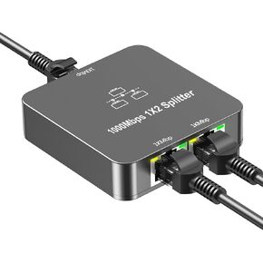 Ethernet Splitter 1 to 2 Out, 1000Mbps High Speed, RJ45 Splitter with USB Power Cable, Gigabit Internet Splitter Connector for Cat 5/5e/6/7/8 Cable, Gray
