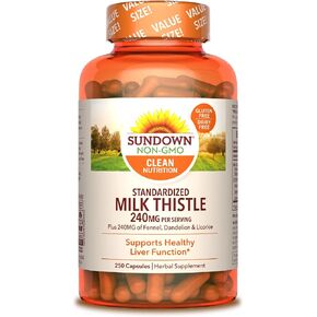 Sundown Standardized Milk Thistle 240 مجم، بالإضافة إلى الشمر والهندباء وعرق السوس، يدعم صحة الكبد، 250 كبسولة in Kuwait