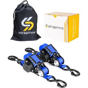 Strapinno Retractable Ratchet Straps - 1 in x 12 ft Heavy Duty Tie Downs, 1800lbs Breaking Strength Each, S Hooks with Safety Clip, AutoRetract, for Moving, Motorcycle, Boat, Kayak, and Cargo (2) Red