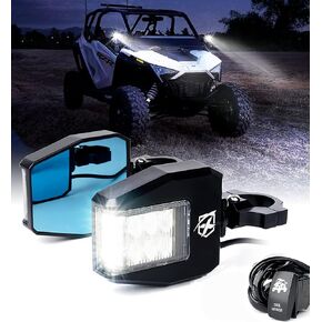 Xprite Aluminum UTV Side Rear View Mirrors Fit All 1.6-2 Inch Roll Bar Cage, Blue Anti-Glare Mirrors and Smoke Lens LED Spot Light for UTV ATV Can am Maverick X3 Polaris RZR XP 1000 Yamaha