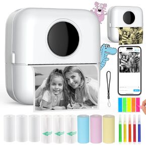 HuiJuKeJi Inkless Sticker Printer Mini Thermal Printer with 10 Rolls Thermal Paper,Color Pen for iOS&Android, Bluetooth Pocket Printer Smart Portable Receipt Printer for Photo Journal Notes Memo-Pink
