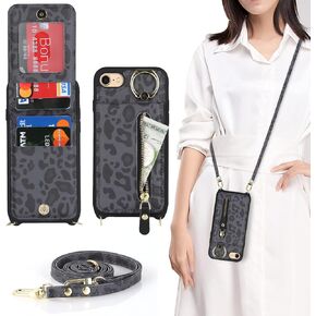 iPhone 7 8 SE (2020) Case with Card Holder for Women, iPhone 7 Phone Case Wallet with Strap Credit Card Slots Crossbody with Kickstand Zipper Shockproof Case for iPhoneSE (2020) - Black