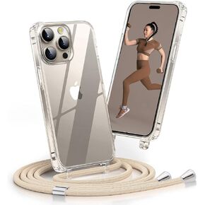 حافظة كروس لهاتف آيفون 15، غطاء هاتف محمول مزود بقلادة مع حزام سلكي بطول قابل للتعديل وحبل حبل مقاوم للصدمات بدون استخدام اليدين غطاء هاتف شفاف لهاتف آيفون 15-بيج in Kuwait